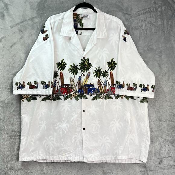 Pacific Legend Hawaiian Button Up Shirt Woody Cars Surfboards Palm Trees 4XL VTG - Picture 1 of 16